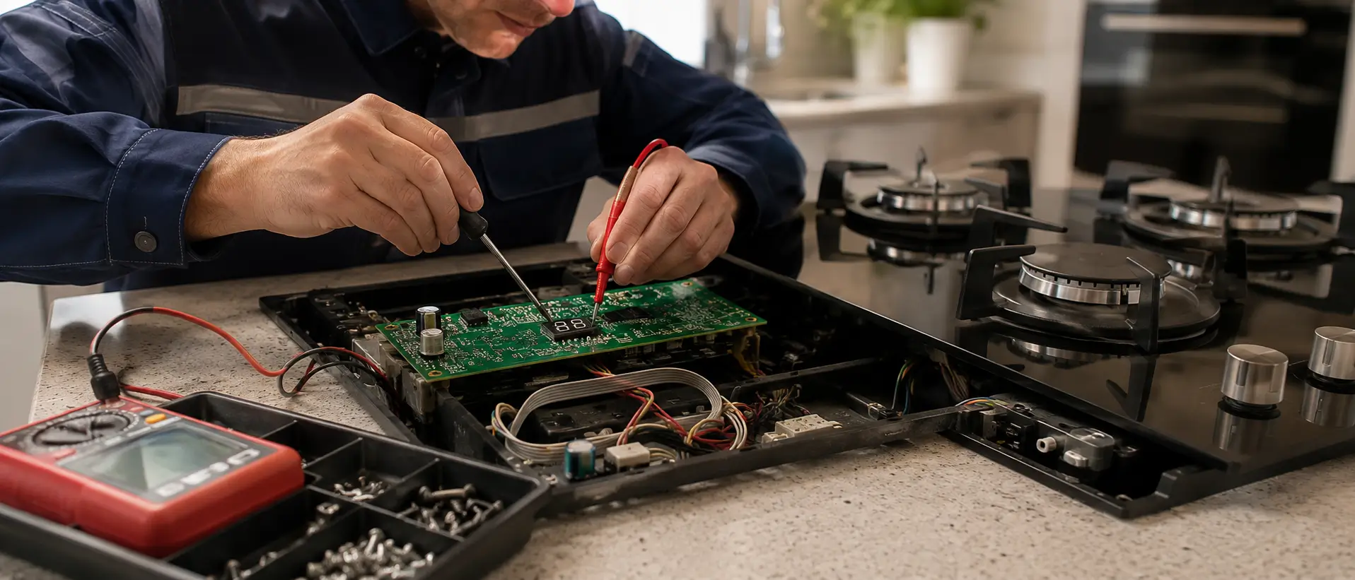 Fresh technician repairing a Fresh built-in hob board