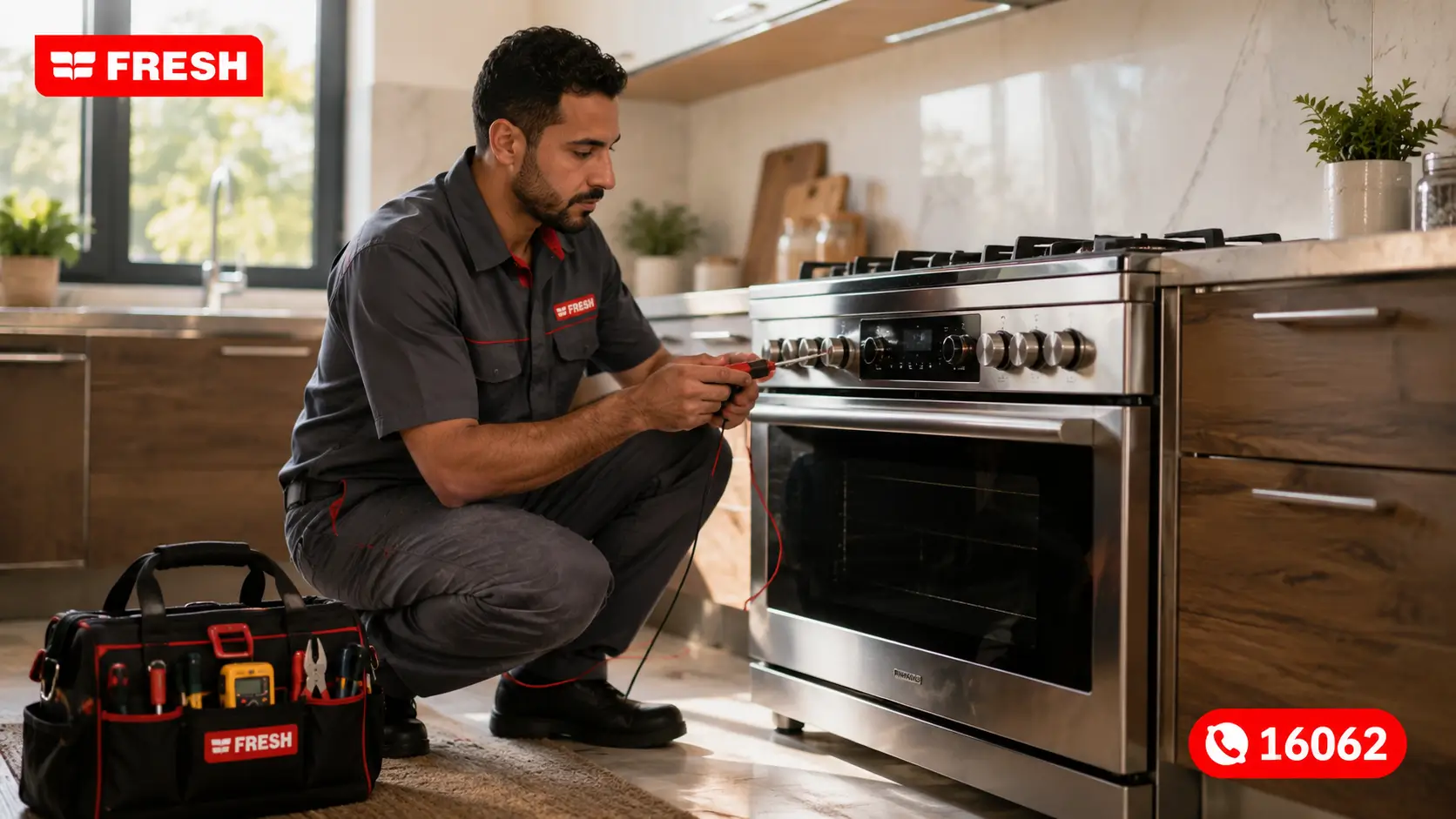 Fresh repair technician fixing a Fresh stove in the kitchen