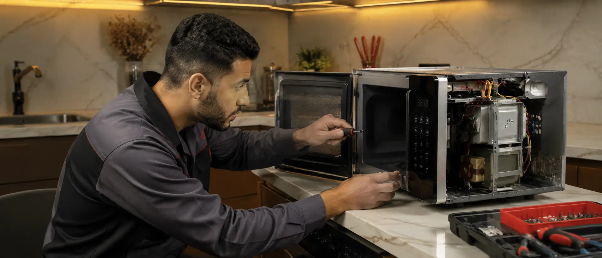 Fresh technician repairing a Fresh microwave