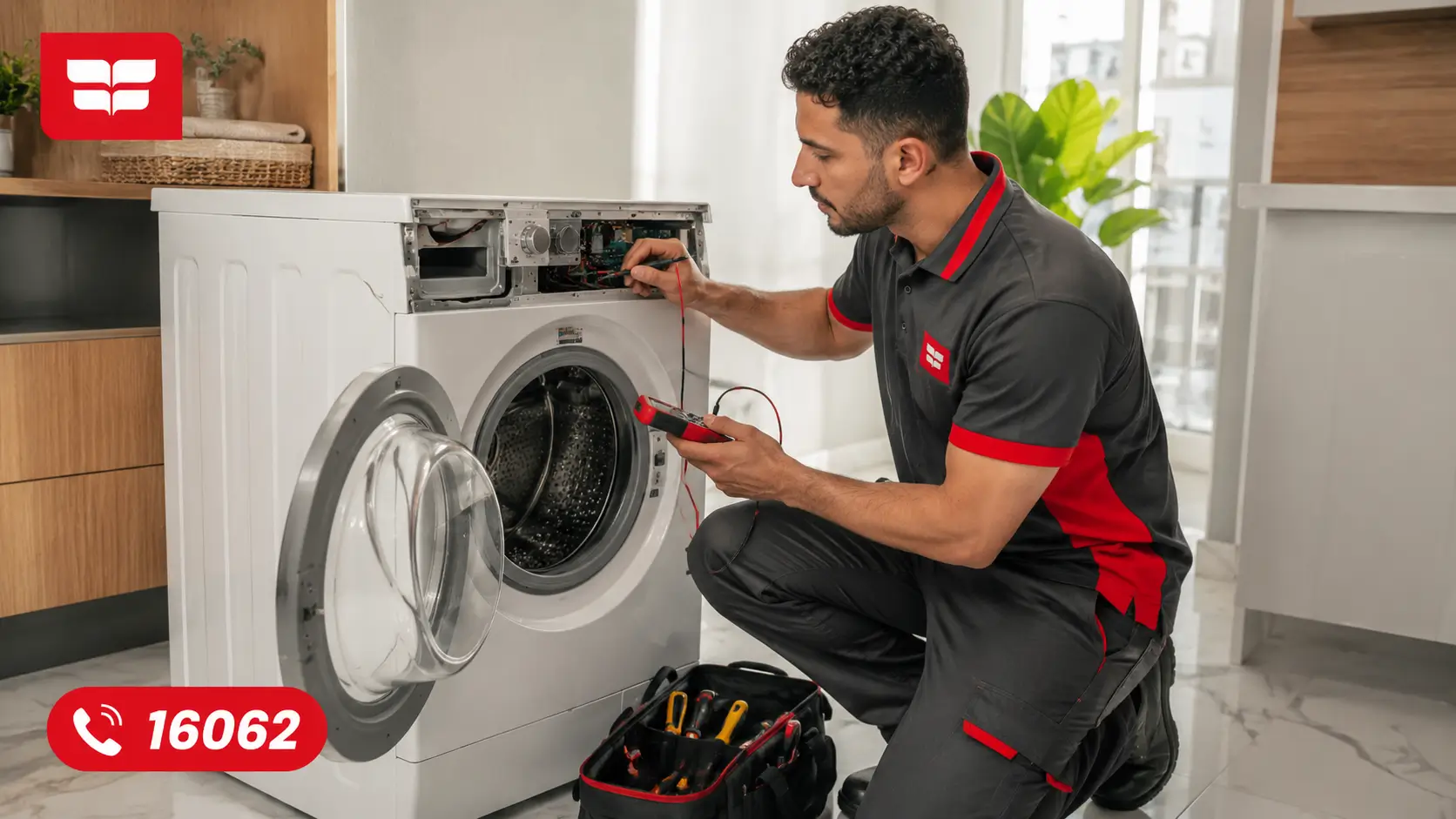 Fresh technician inspecting a Fresh automatic washing machine at home