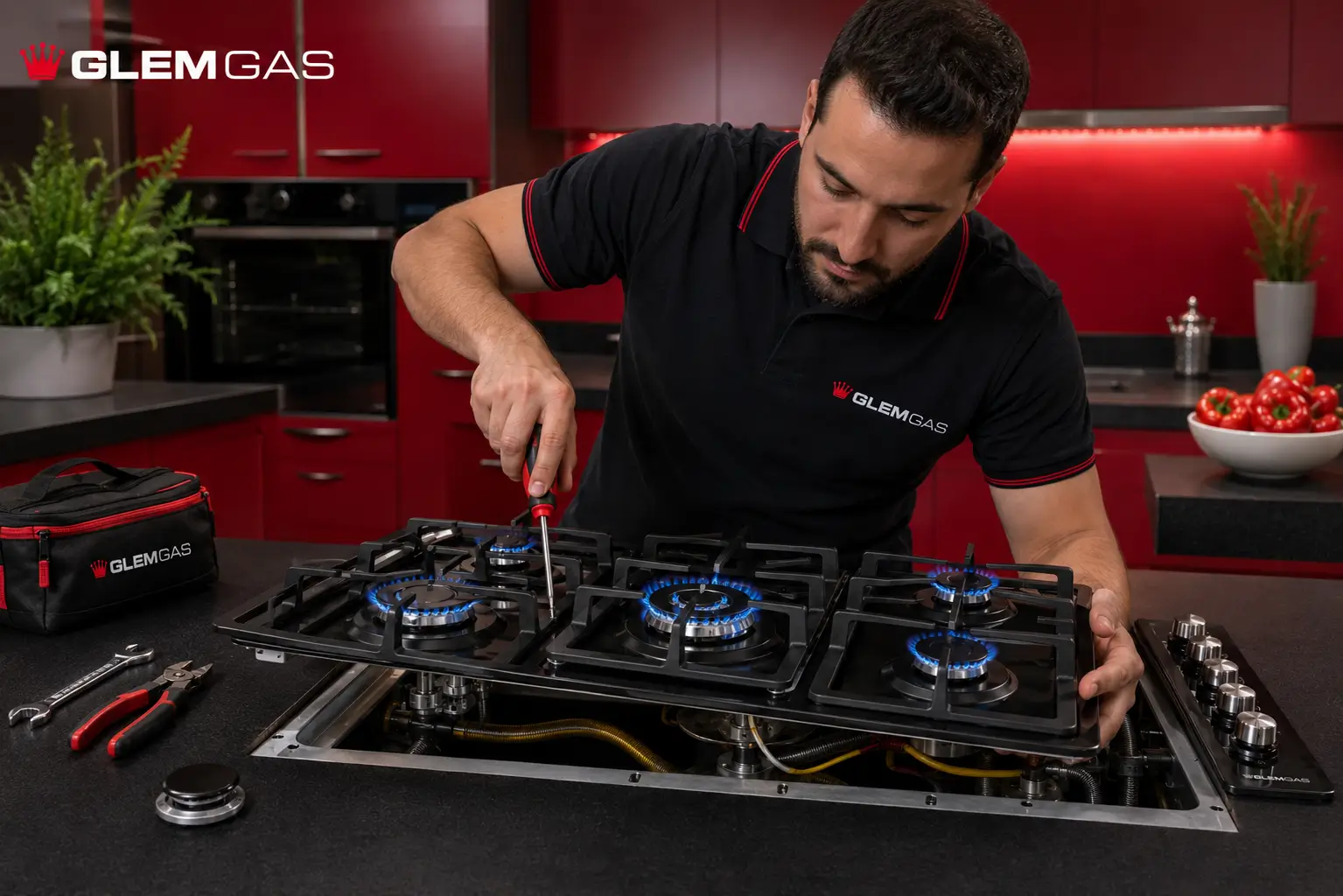 Glem Gas technician removing a Glem Gas built-in hob
