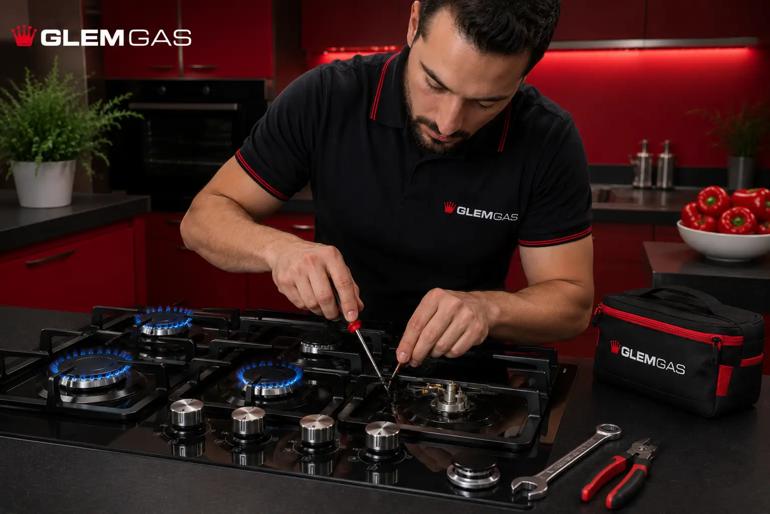 Technician fixing the ignition and burners of a Glem Gas stove