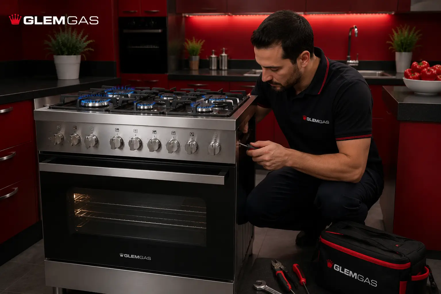 Glem Gas technician repairing an Italian Glem Gas stove