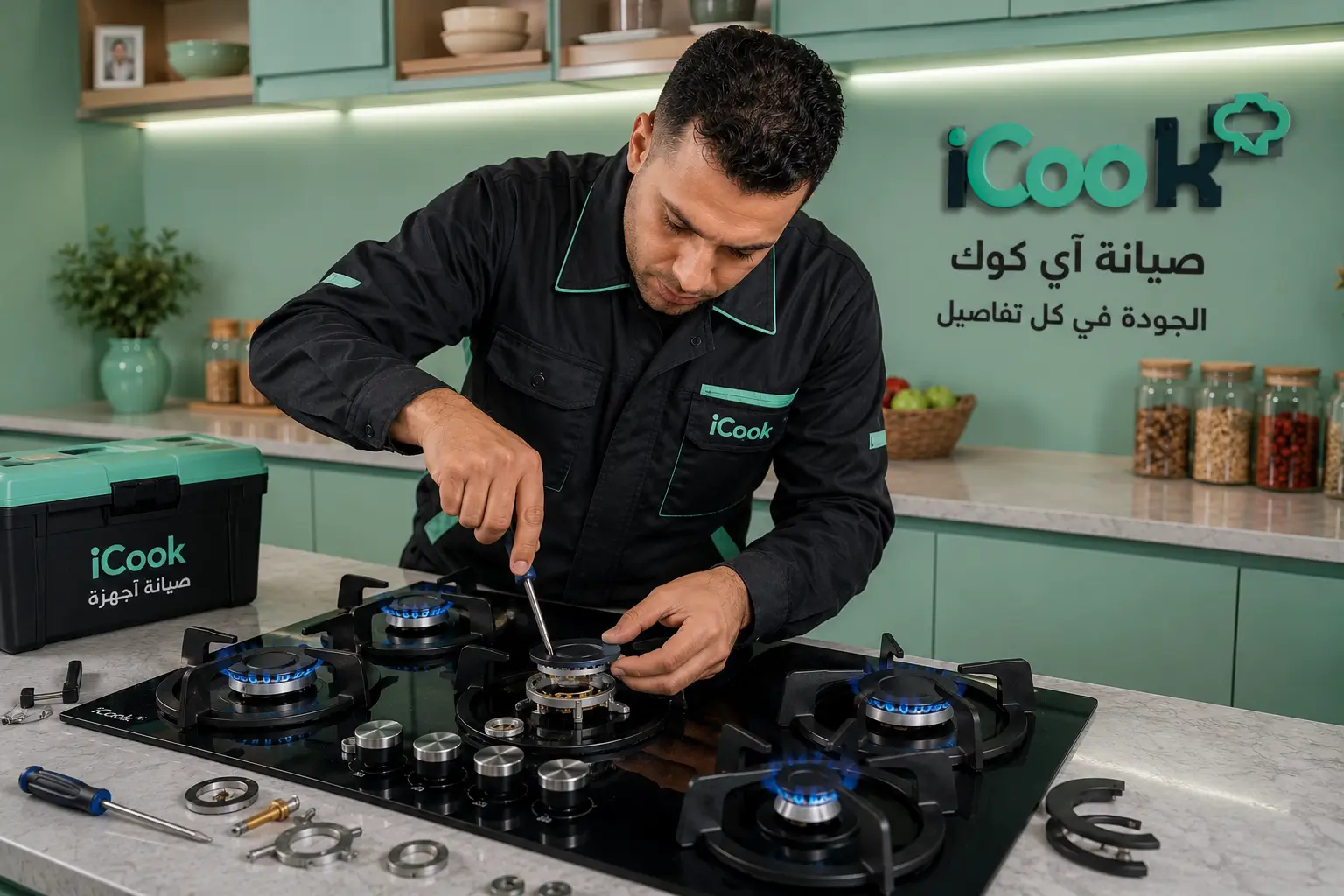 Technician fixing the ignition and burners of a iCook stove