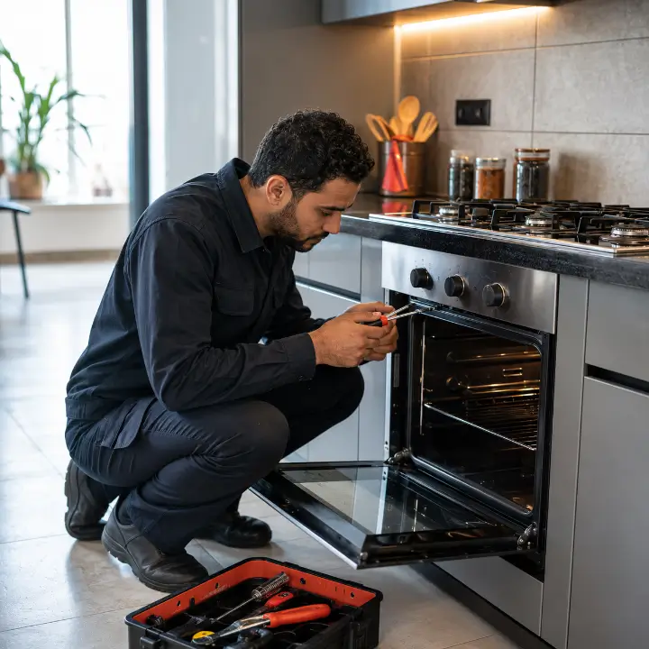 Photo of a repair technician working on a stove / kitchen