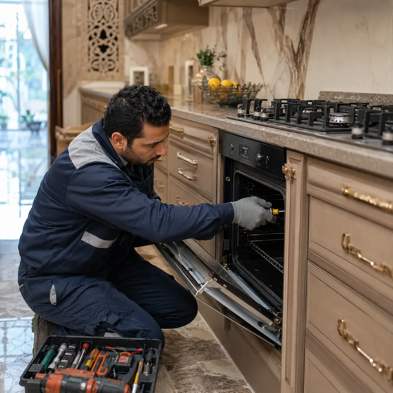 فني FixStove أثناء صيانة جهاز بلت إن داخل وحدة المطبخ