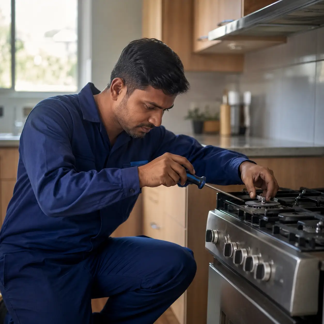فني FixStove أثناء صيانة بوتاجاز غاز داخل المنزل