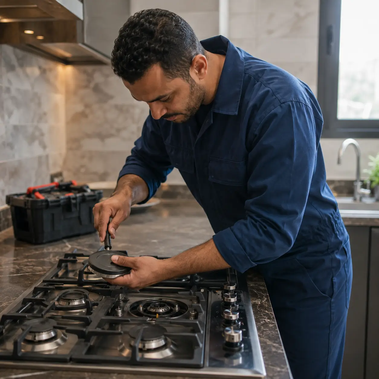 فني FixStove أثناء صيانة مسطح غاز داخل المطبخ