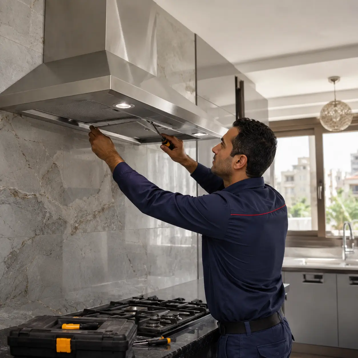 فني FixStove أثناء صيانة شفاط المطبخ
