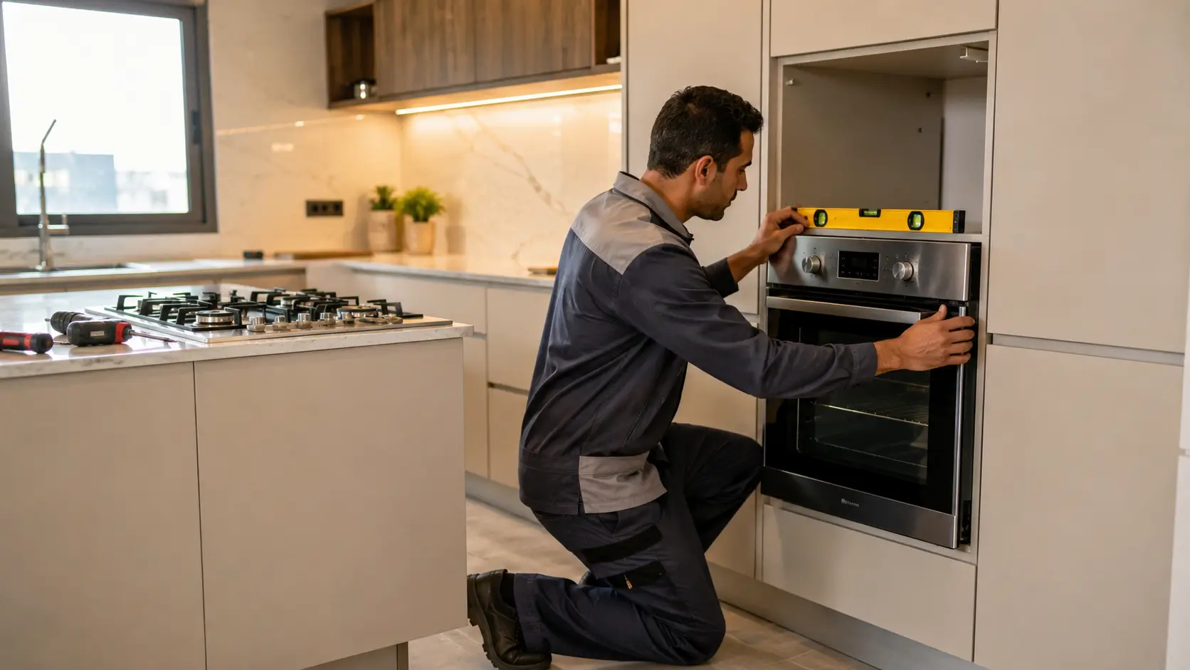 فني FixStove أثناء تركيب وتجربة أجهزة المطبخ