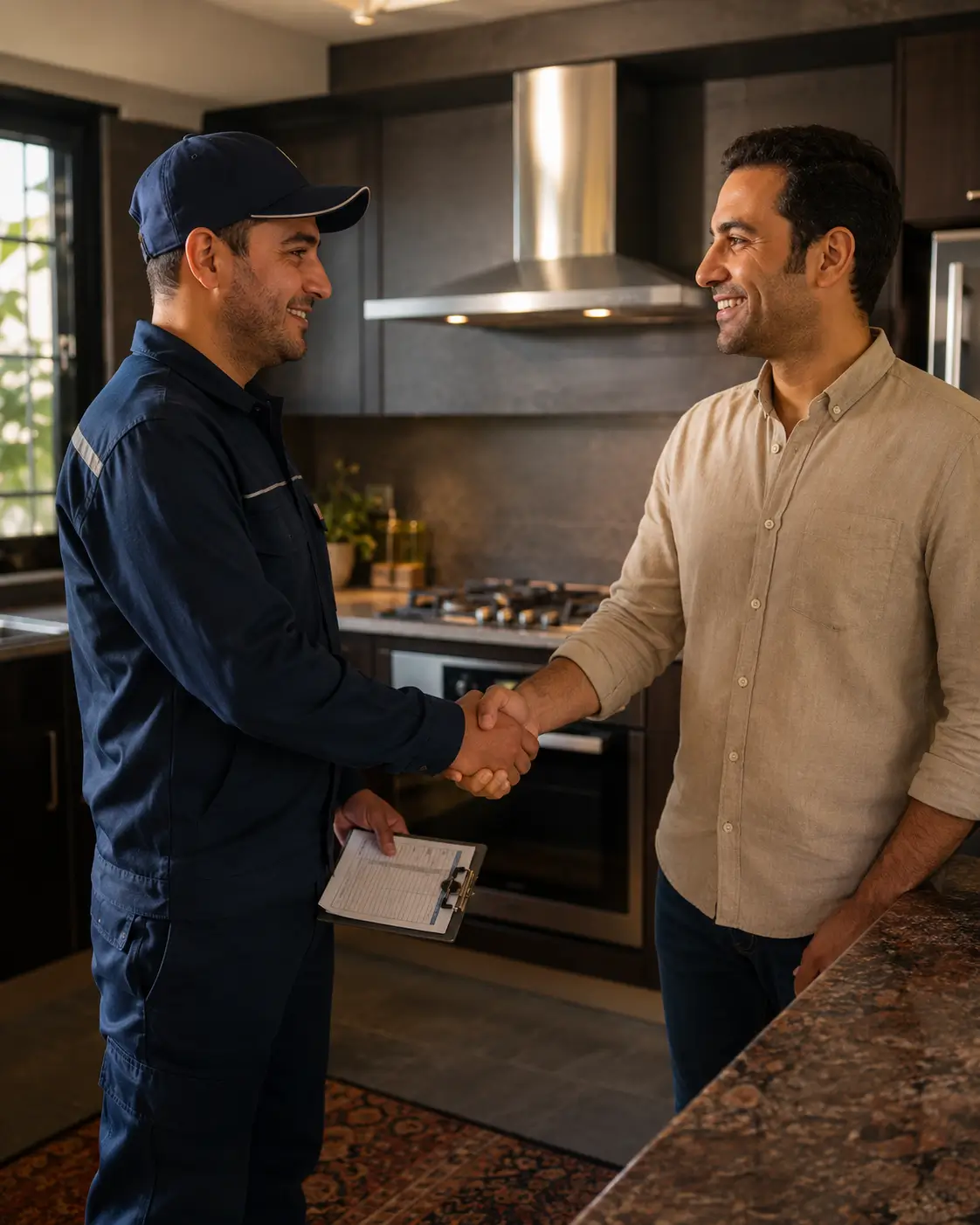 Photo of a technician reviewing a kitchen maintenance checklist