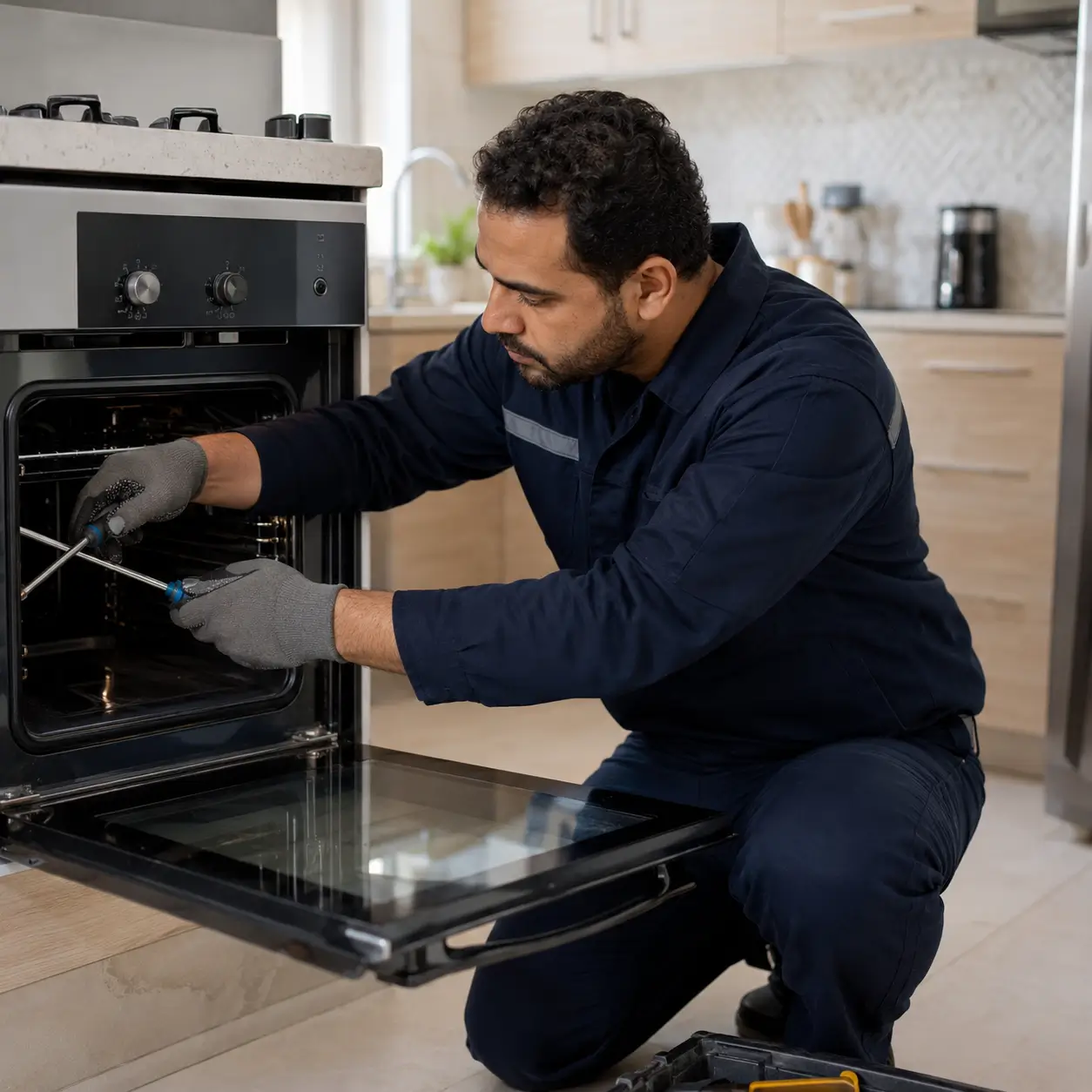 فني FixStove أثناء صيانة فرن داخل المطبخ
