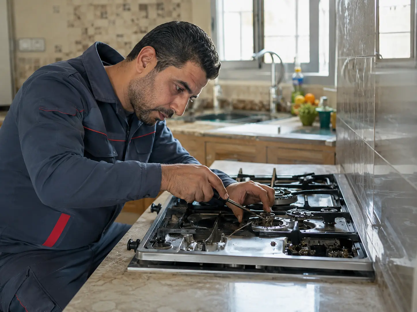 فني FixStove أثناء صيانة بوتاجاز 2 شعلة في المنزل