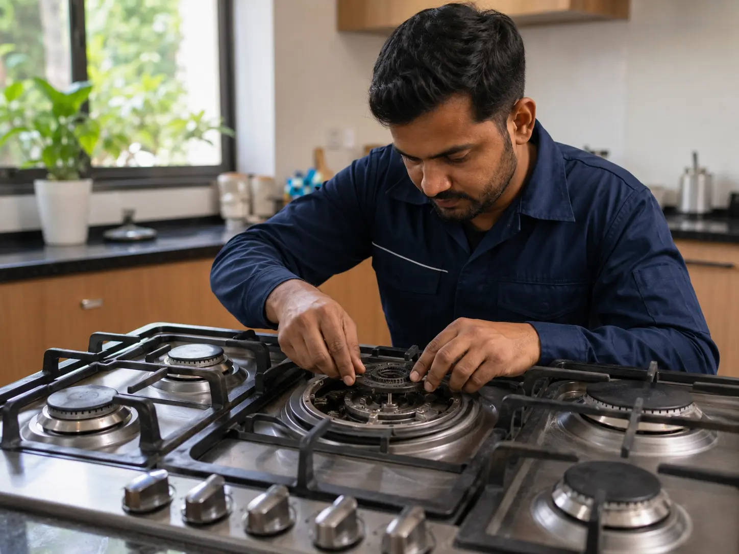 فني FixStove أثناء صيانة بوتاجاز 5 شعلة في المنزل