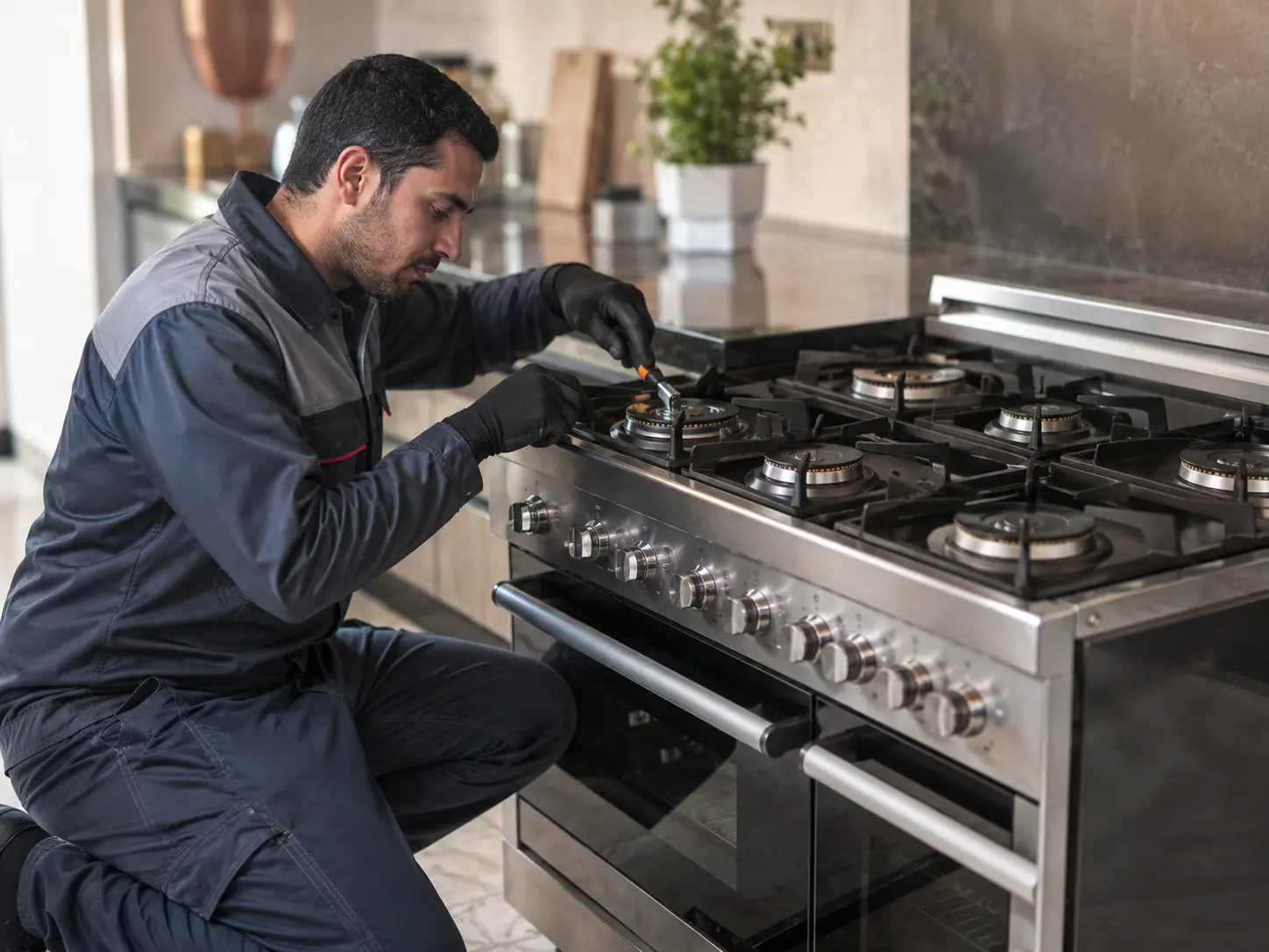 فني FixStove أثناء صيانة بوتاجاز 6 شعلة في المنزل