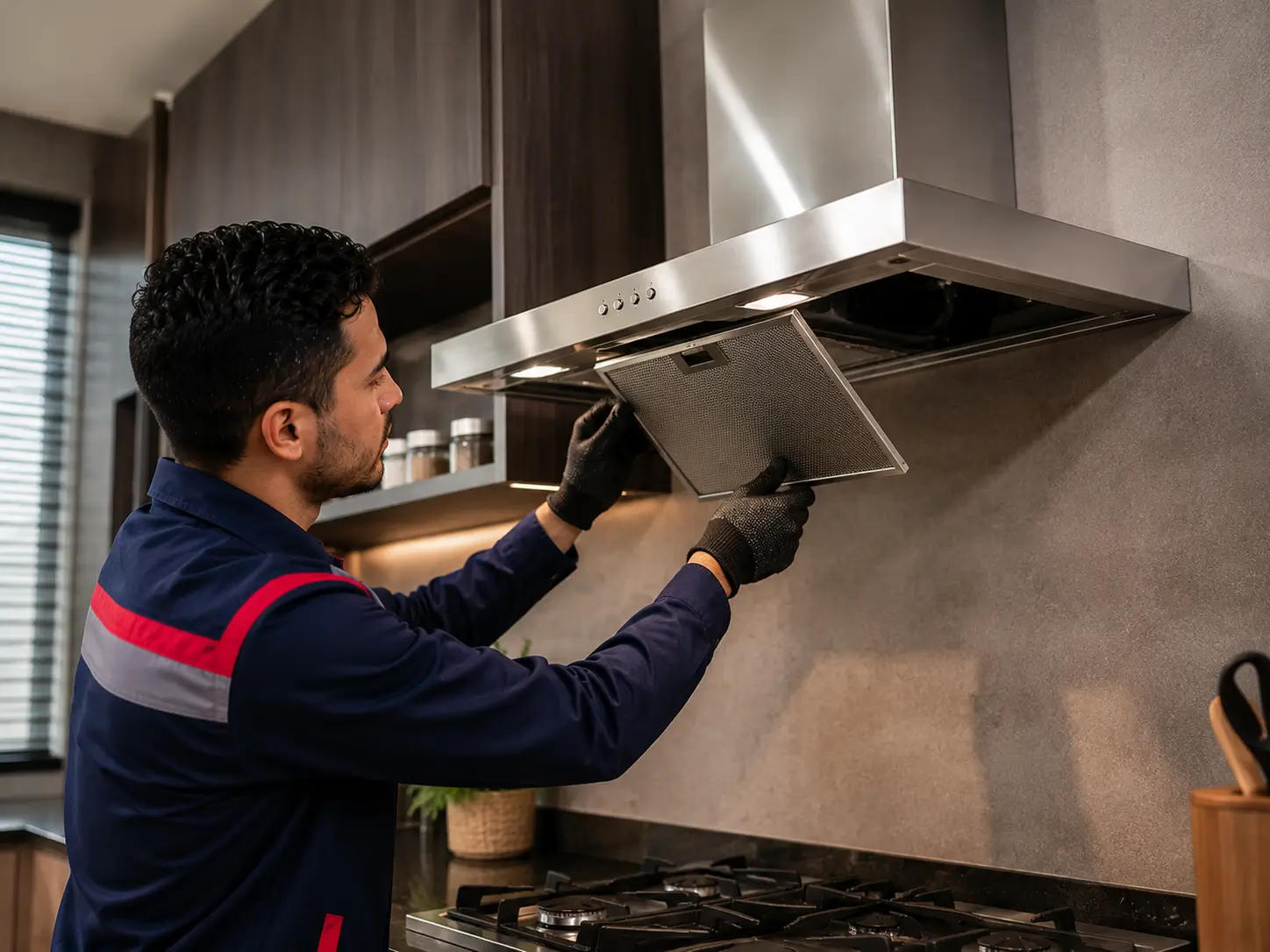 فني FixStove أثناء صيانة شفاط بلت إن مدمج