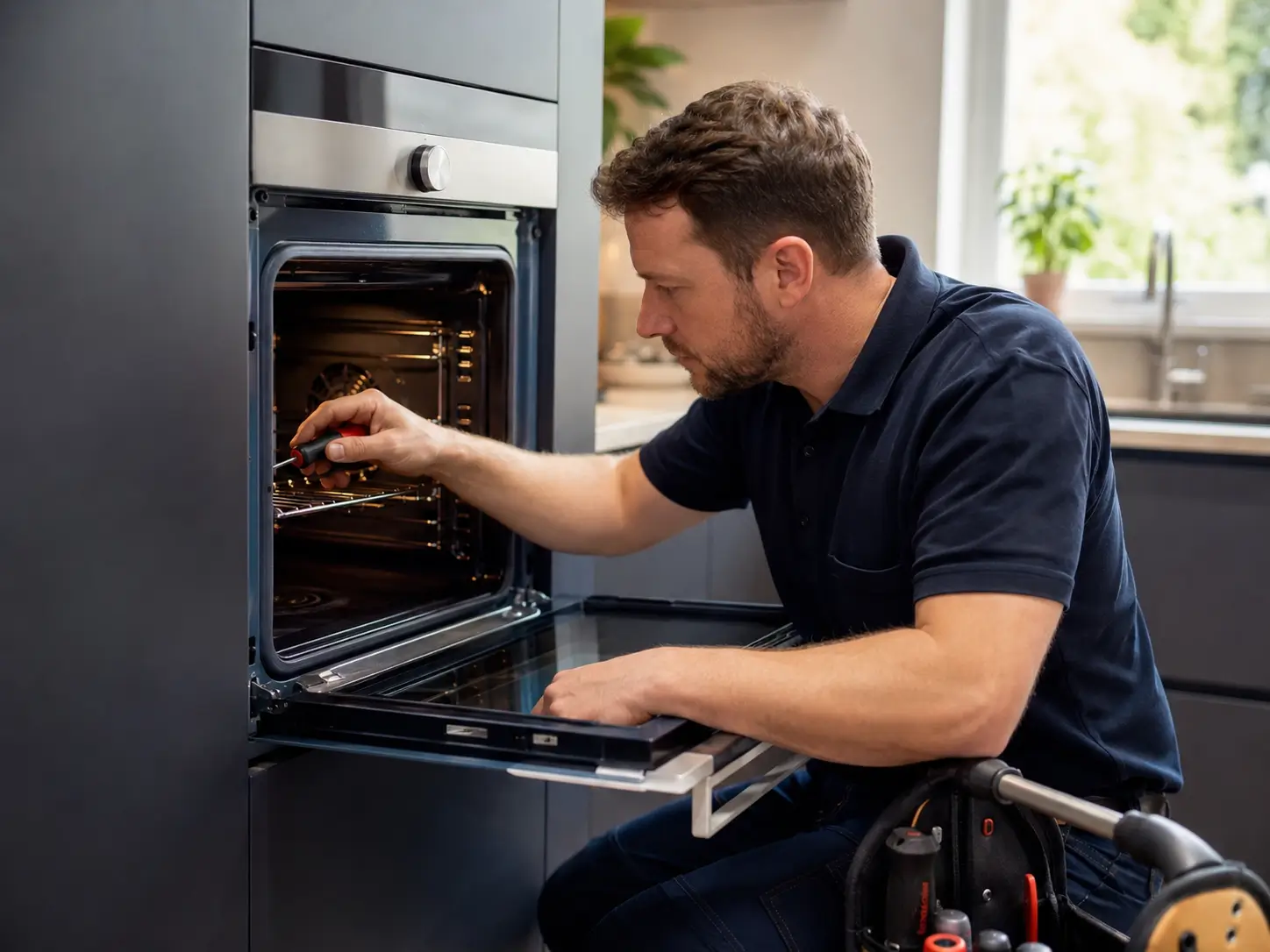 فني FixStove أثناء صيانة فرن بلت إن داخل وحدة المطبخ