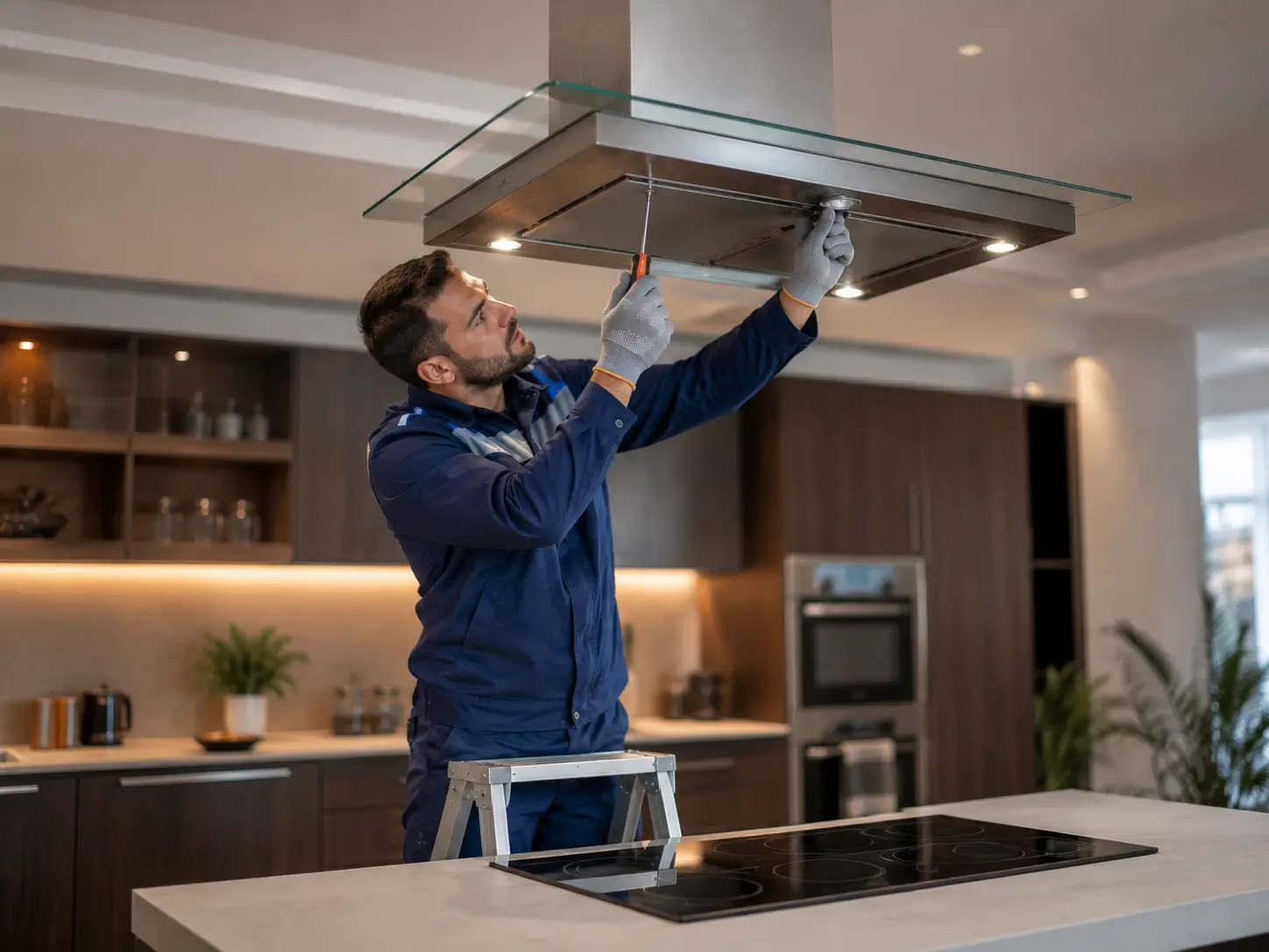 فني FixStove أثناء صيانة شفاط مدخنة