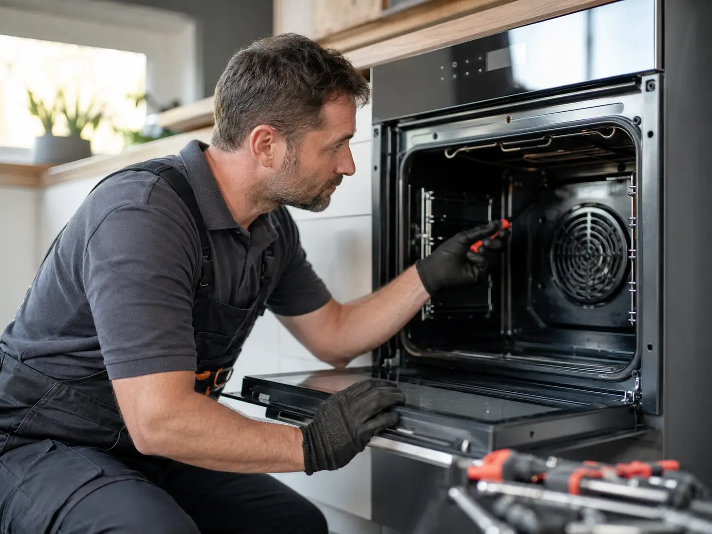 فني FixStove أثناء صيانة فرن Convection بمروحة الحمل الحراري