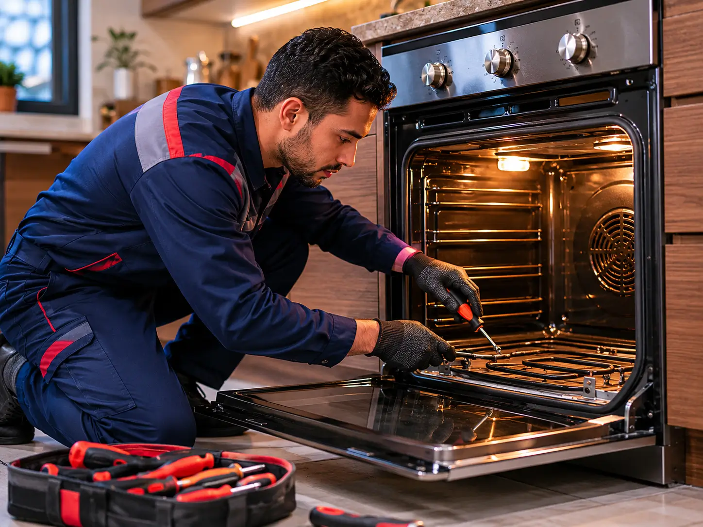 فني FixStove أثناء صيانة فرن تقليدي في المنزل