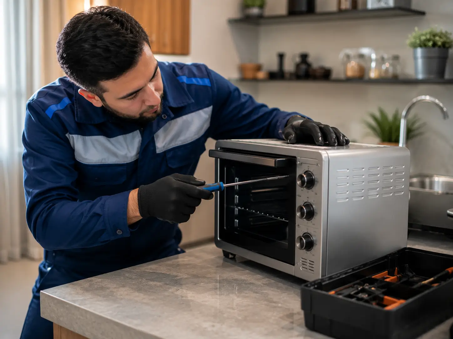 فني FixStove أثناء صيانة فرن منضدي صغير
