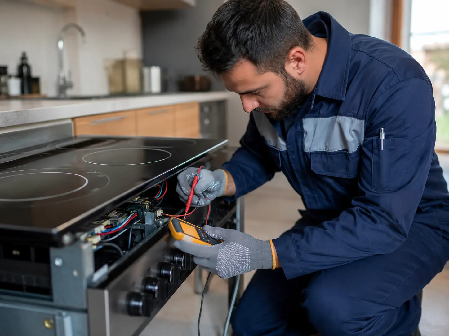 فني FixStove أثناء صيانة بوتاجاز كهرباء في المنزل