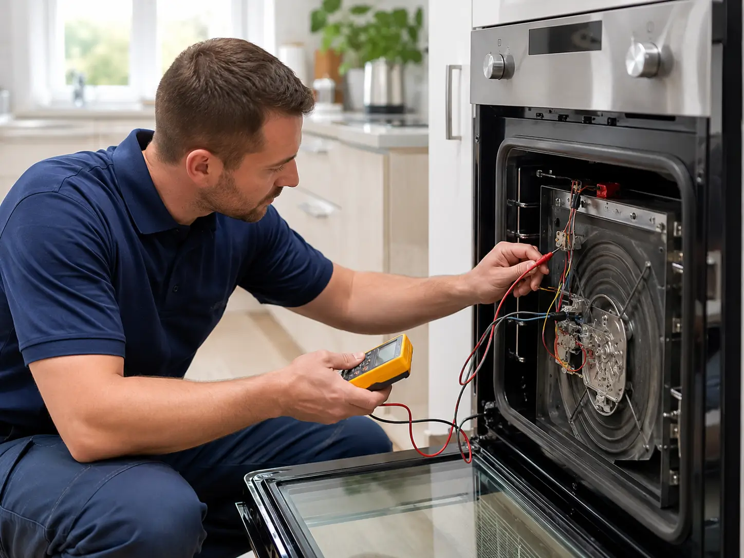 فني FixStove أثناء صيانة فرن كهرباء في المنزل