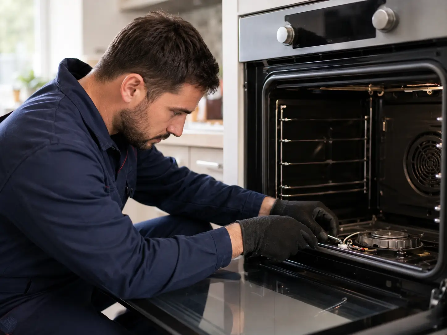 فني FixStove أثناء صيانة فرن غاز في المنزل