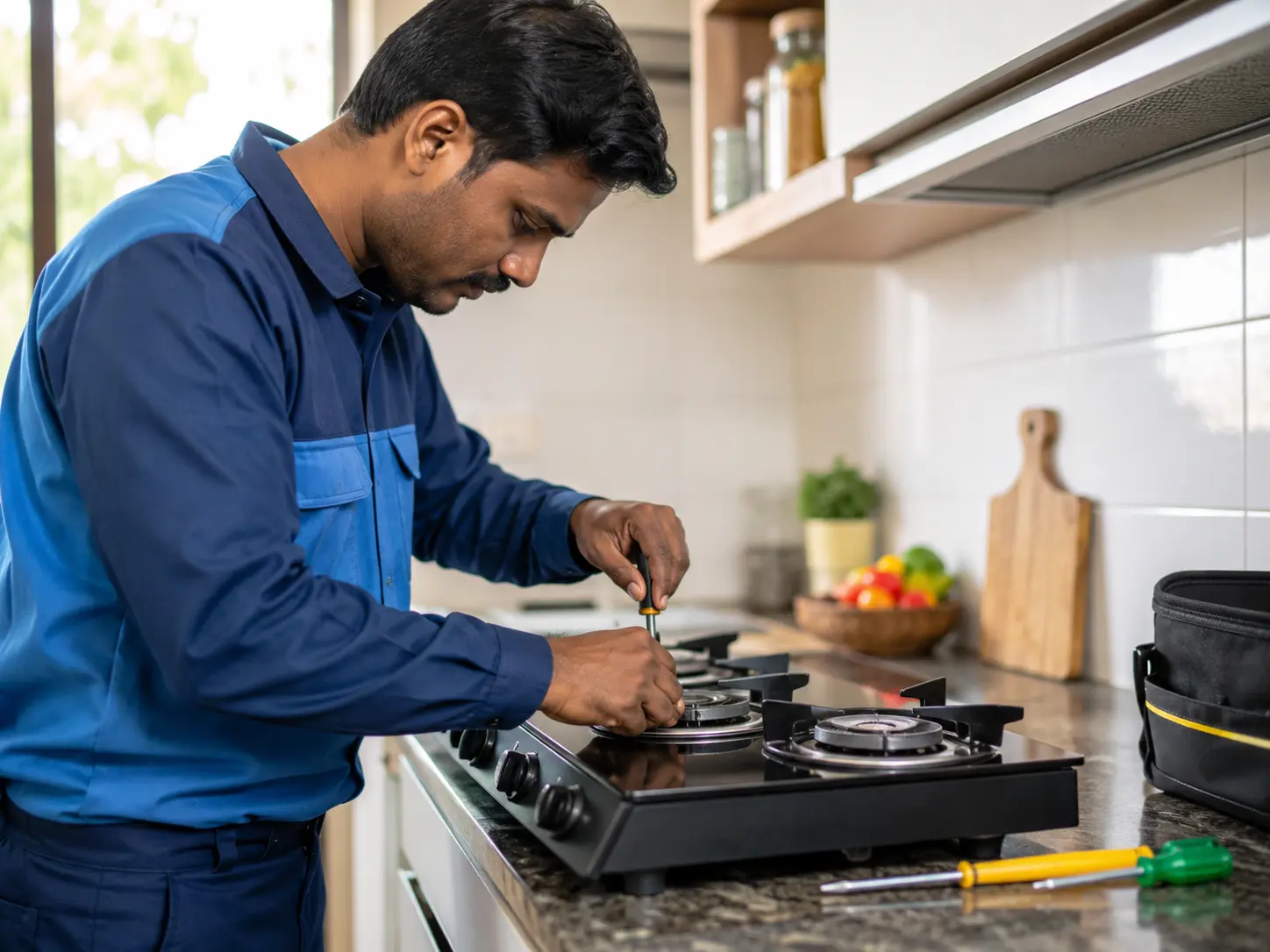 فني FixStove أثناء صيانة بوتاجاز هجين (غاز وكهرباء) في المنزل