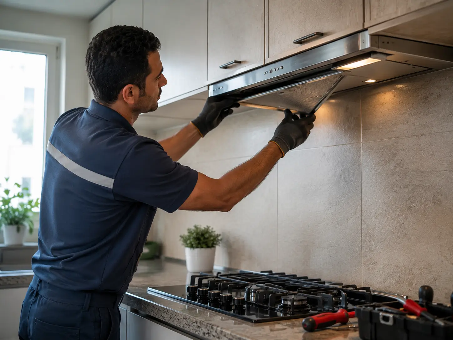 فني FixStove أثناء صيانة شفاط جزيرة معلّق