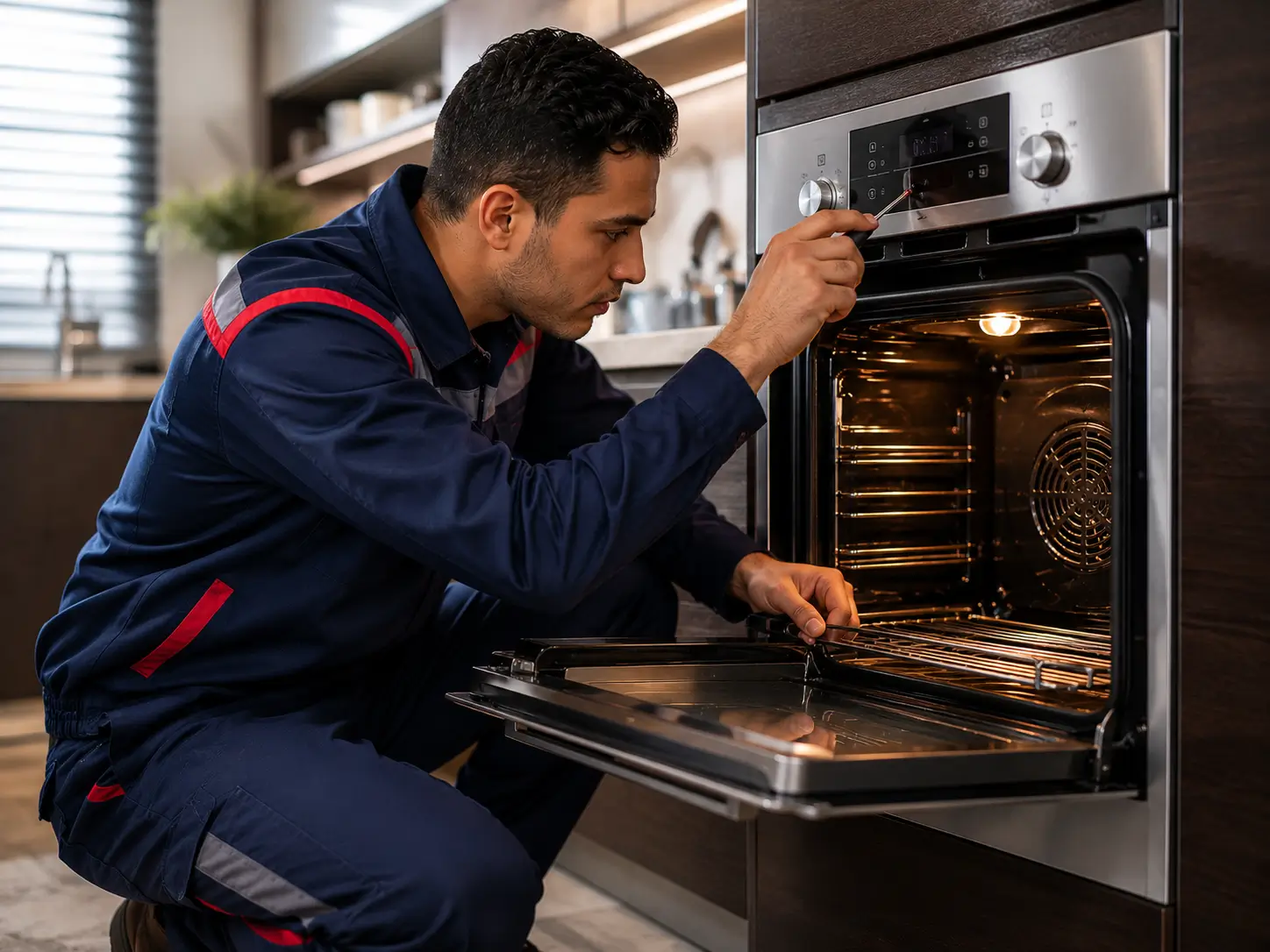 فني FixStove أثناء صيانة فرن متعدد الوظائف