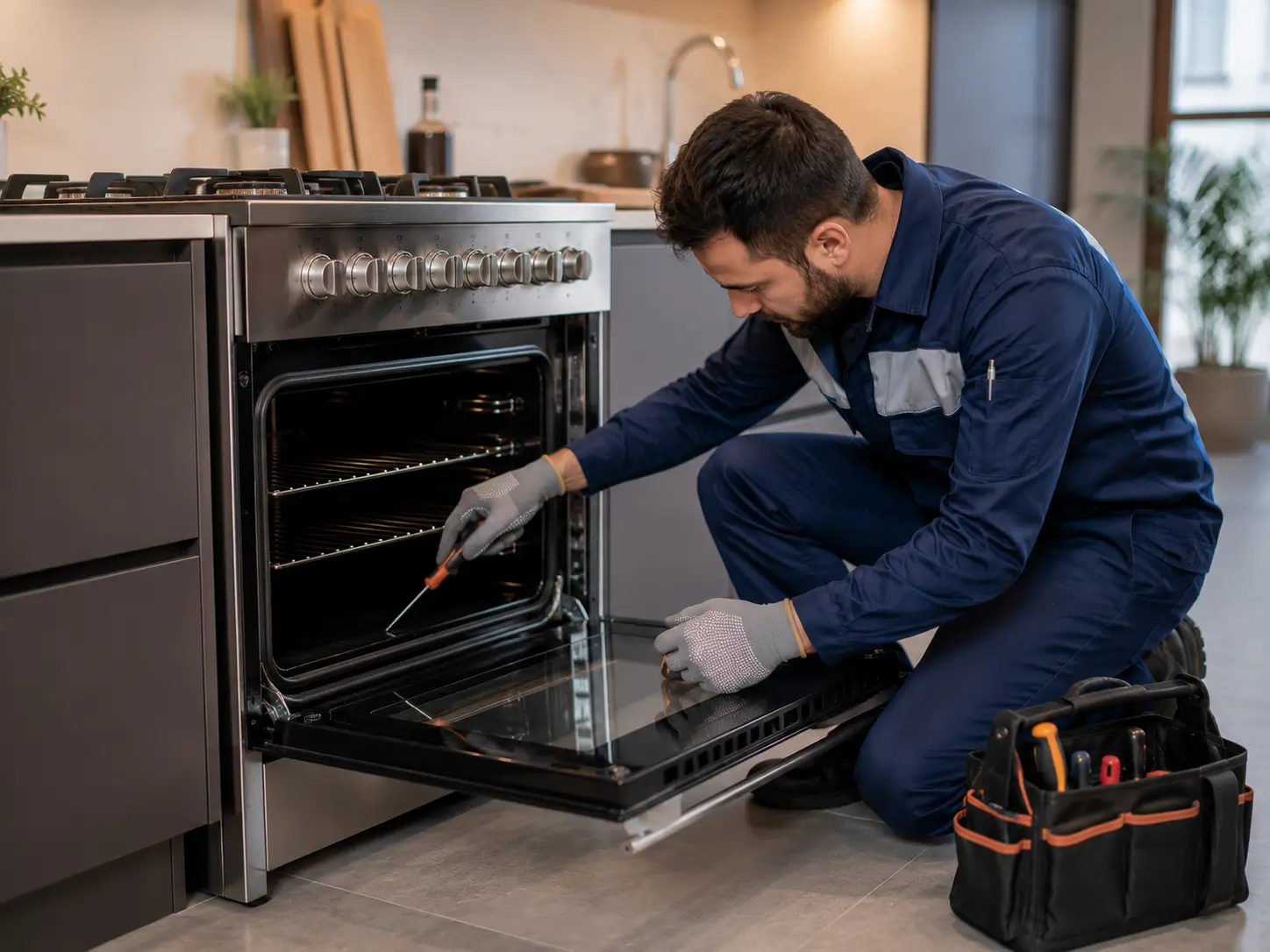 فني FixStove أثناء صيانة فرن منفصل (ستاندينج)