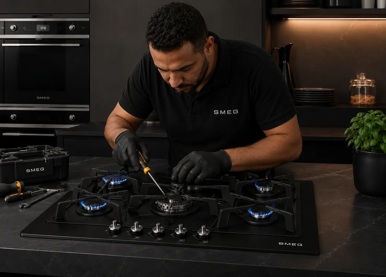 Smeg technician removing a Smeg built-in hob