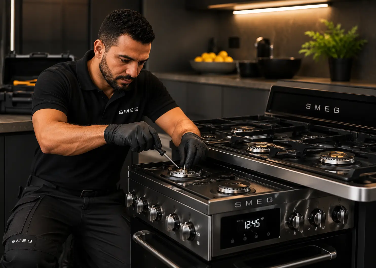 Smeg repair technician fixing an Italian Smeg stove
