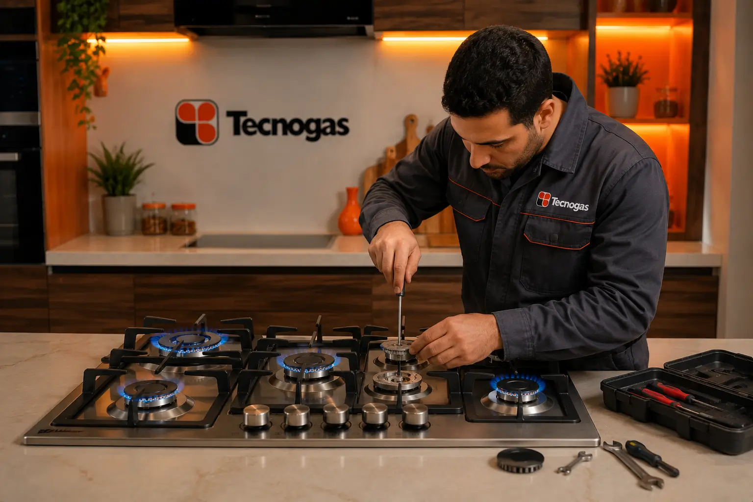 Technician fixing the ignition and burners of a Tecnogas stove
