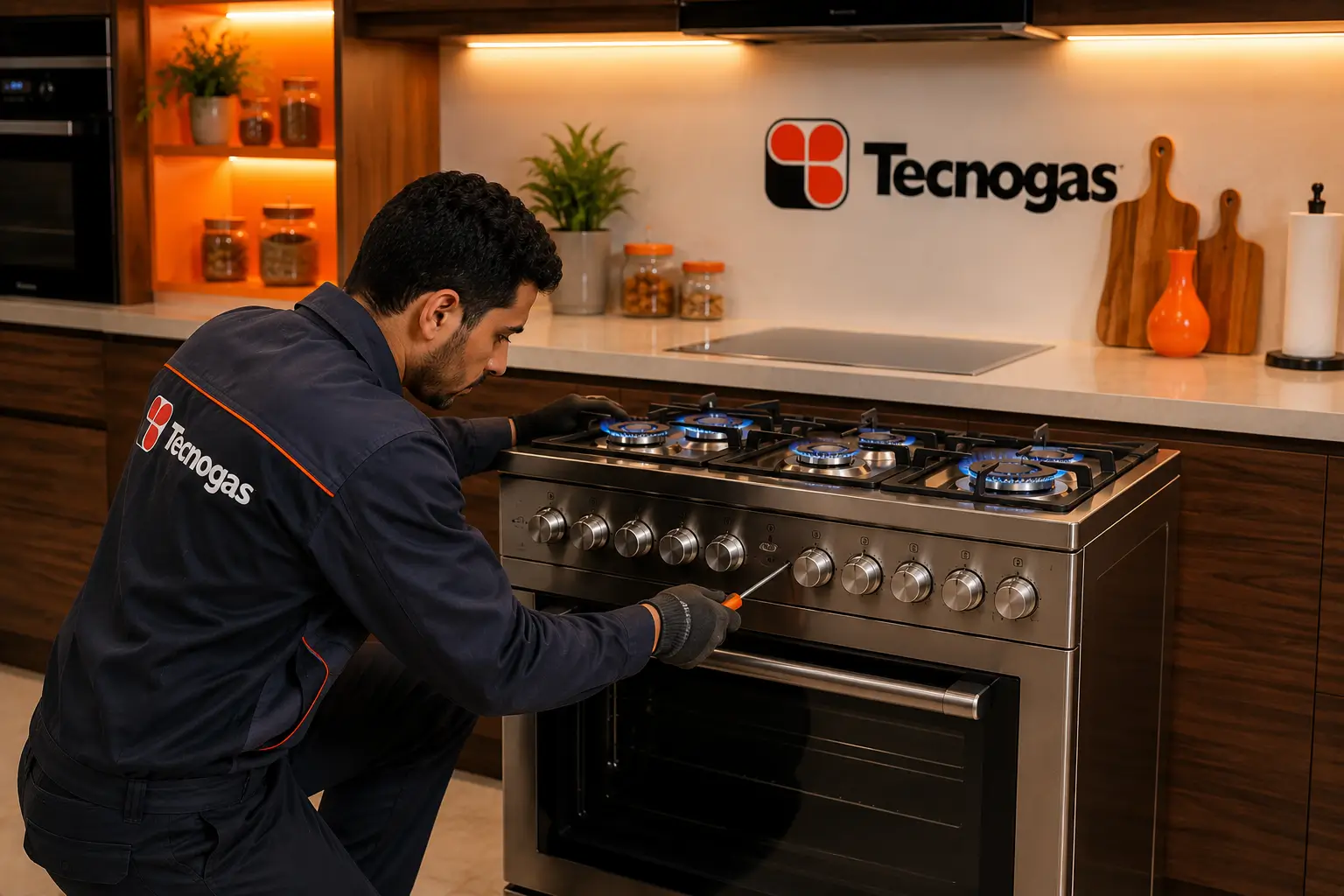 Tecnogas technician repairing an Italian Tecnogas stove
