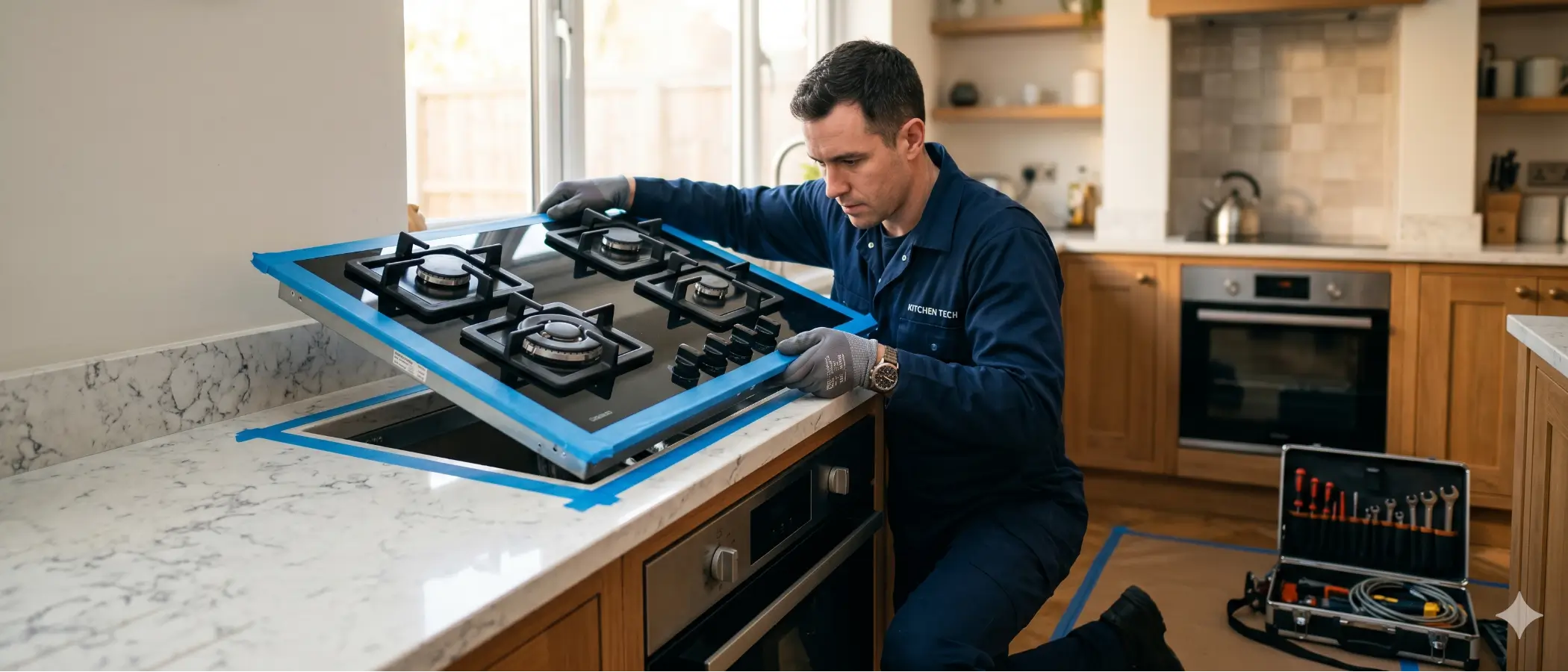 Universal technician removing a Universal built-in hob from a kitchen counter