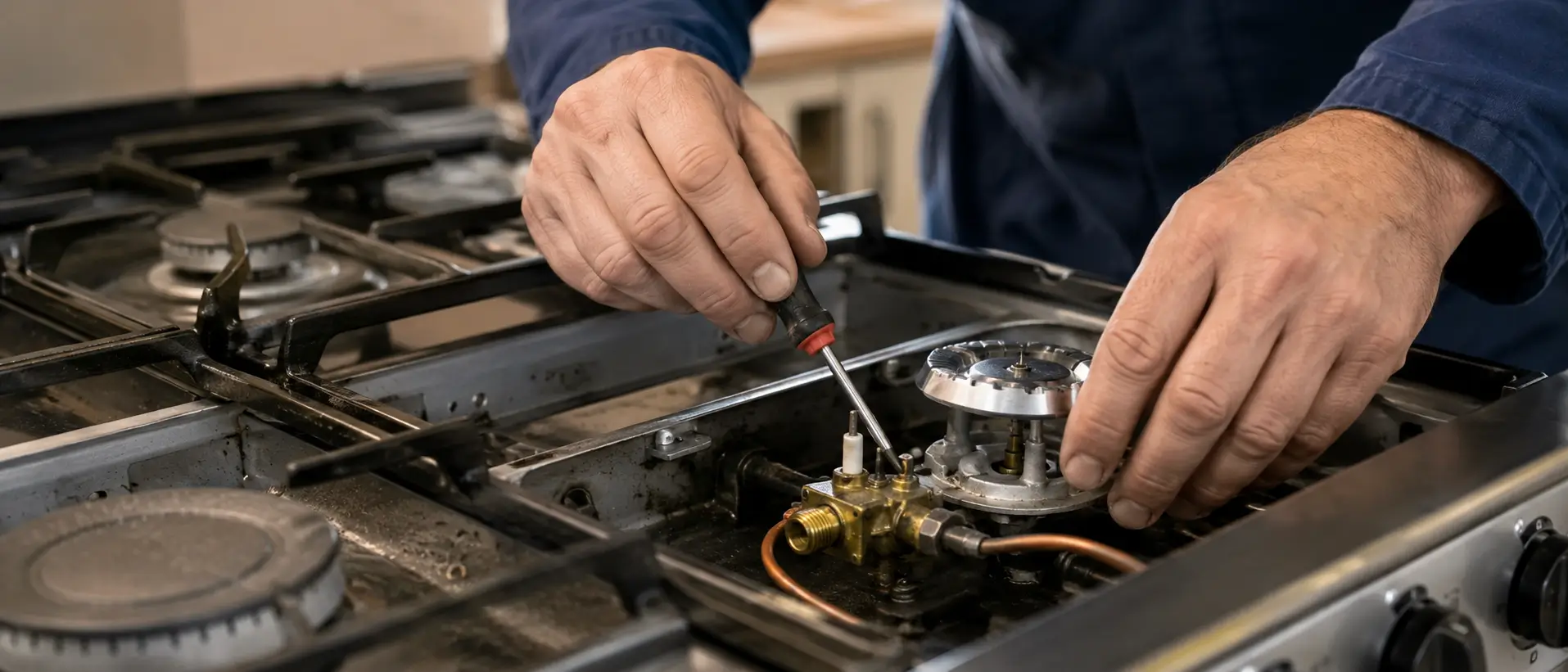 Universal technician fixing the ignition and valve of a Universal stove