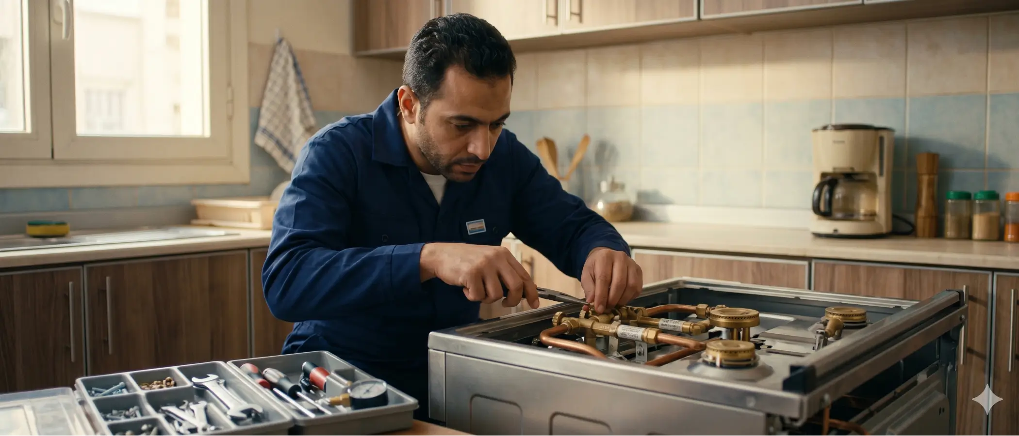 Universal technician repairing a Universal stove with Italian components