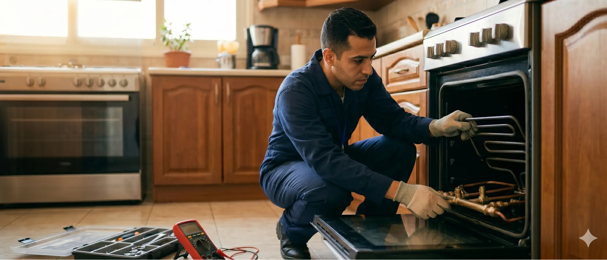 Universal technician repairing a Universal oven and heating element